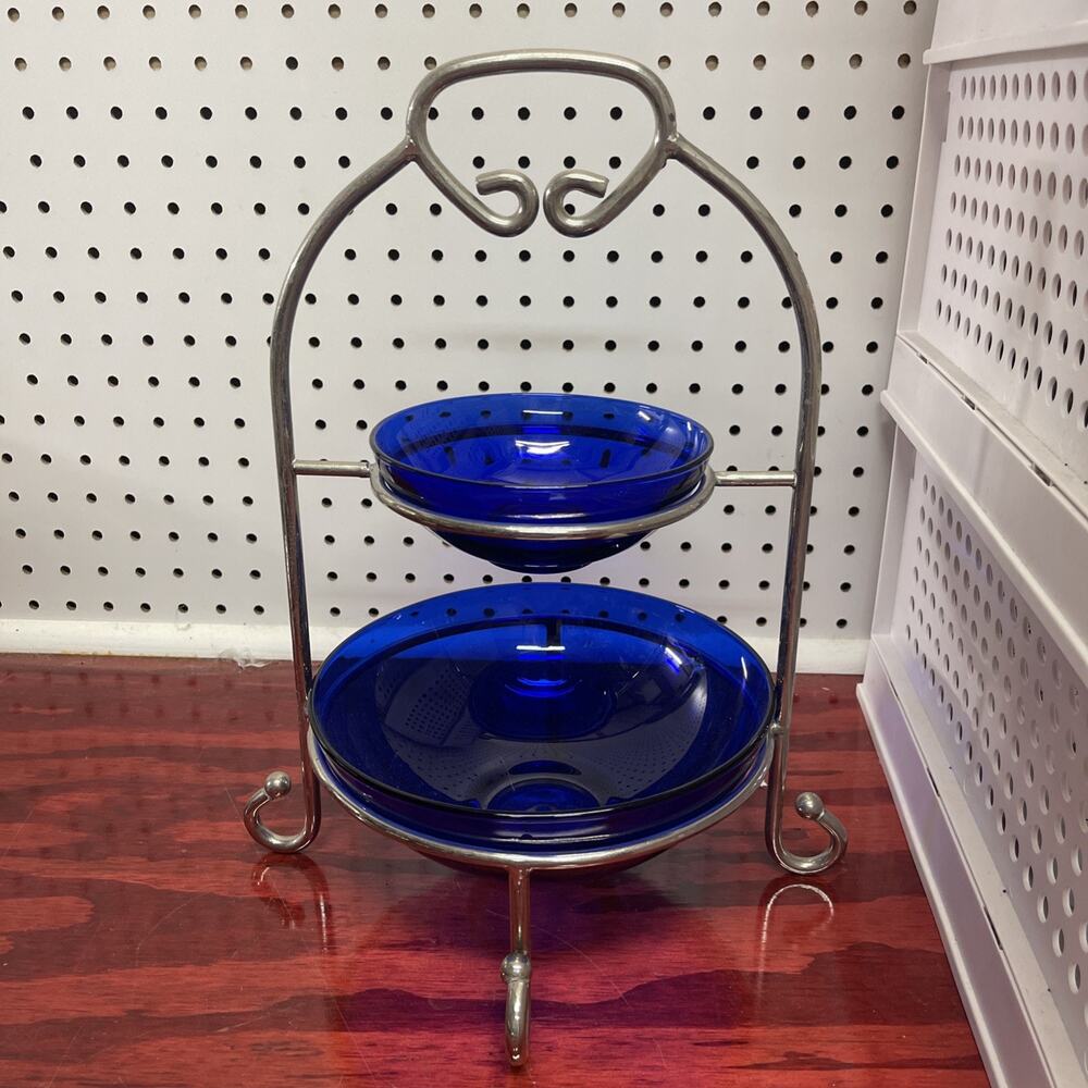Vintage GSA Godinger Silver Art Company Two Tier Tray With Cobalt Blue Bowls